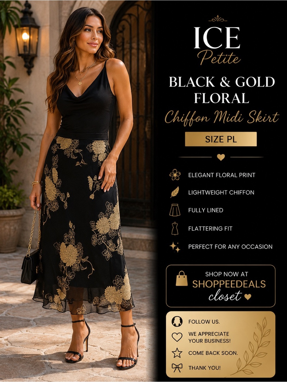 ICE Petite Black & Gold Floral Chiffon Midi Skirt – Size PL